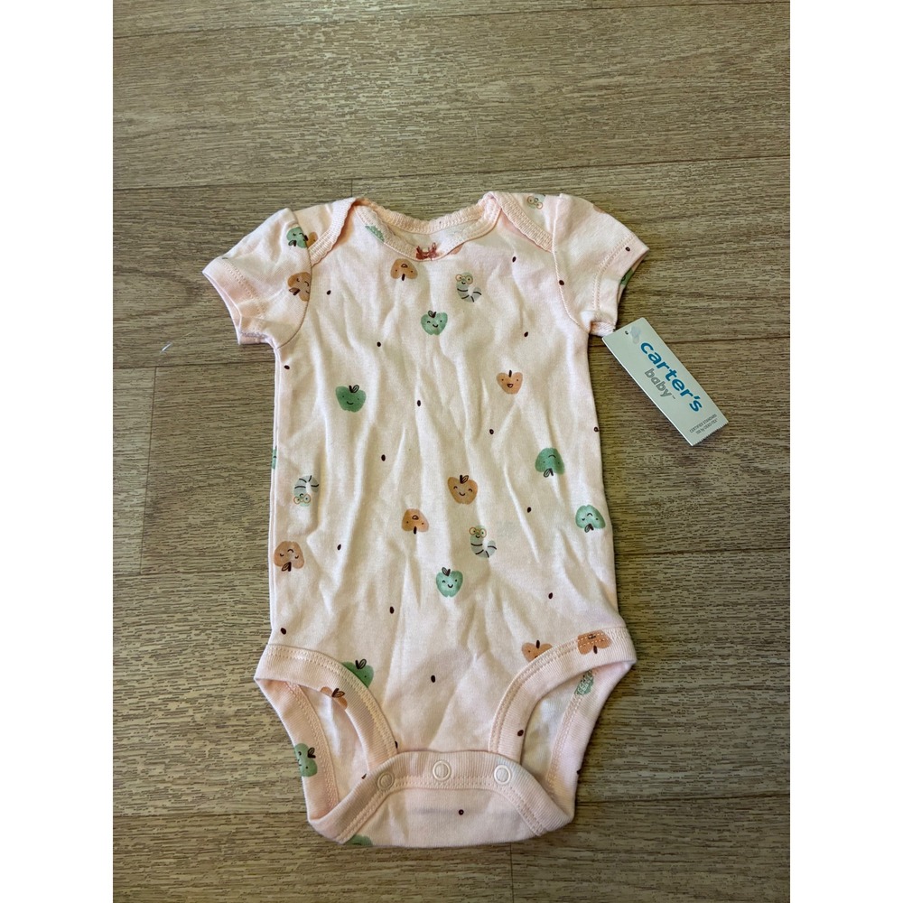 Carters Baby Girls Pink Apple Worm Print Short Sleeve Bodysuit 3 Months NWT